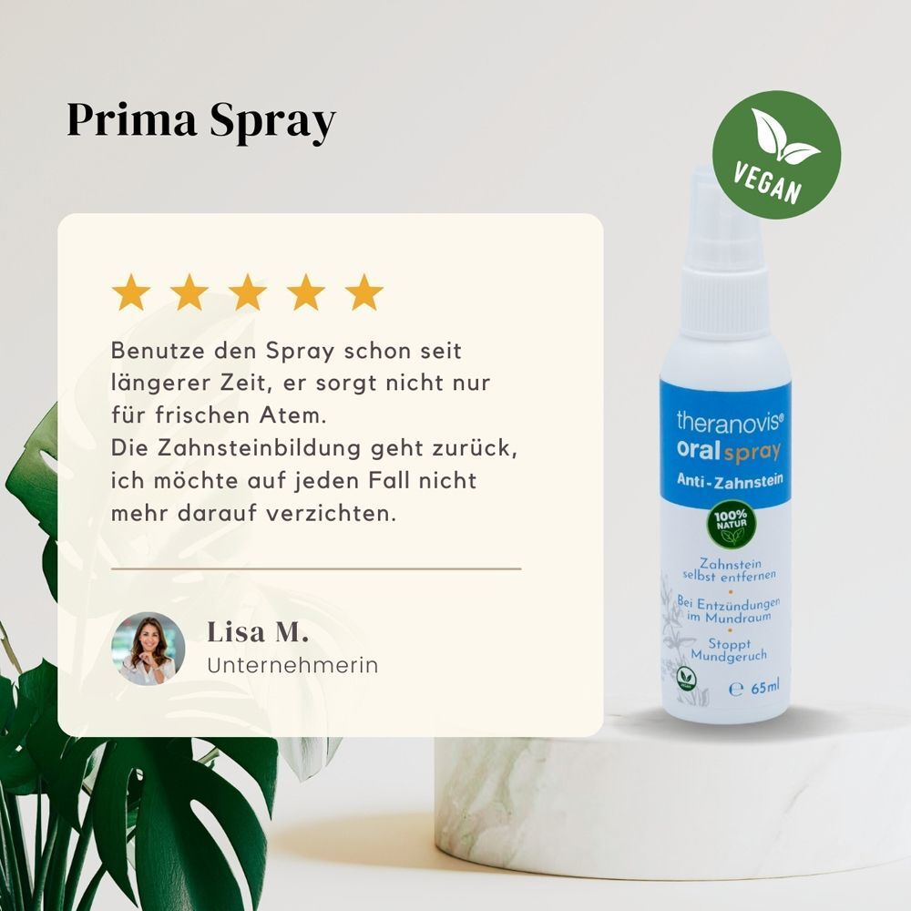Kundenbewertung für Theranovis® oral Spray mit 5 Sternen und Produktflasche.