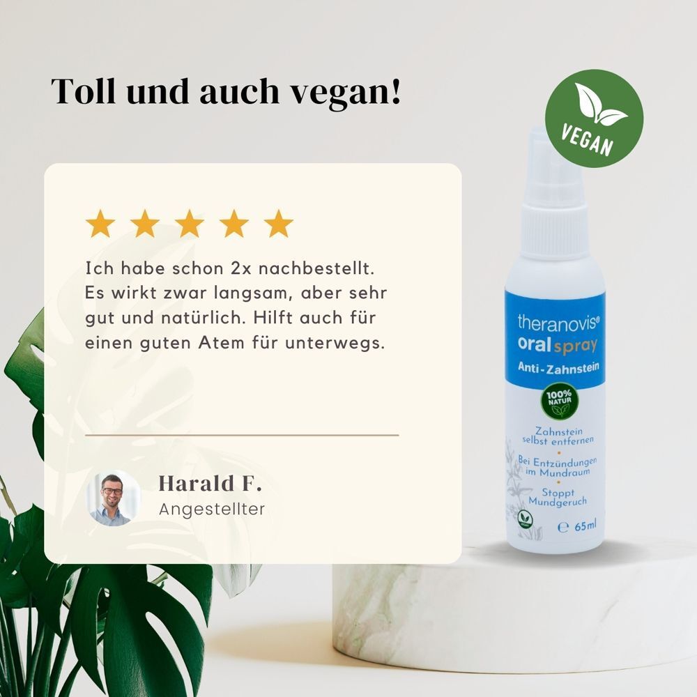 Theranovis® Oral Spray Anti-Zahnstein auf einem Podest, umgeben von Pflanzen, mit Anwendungshinweisen.