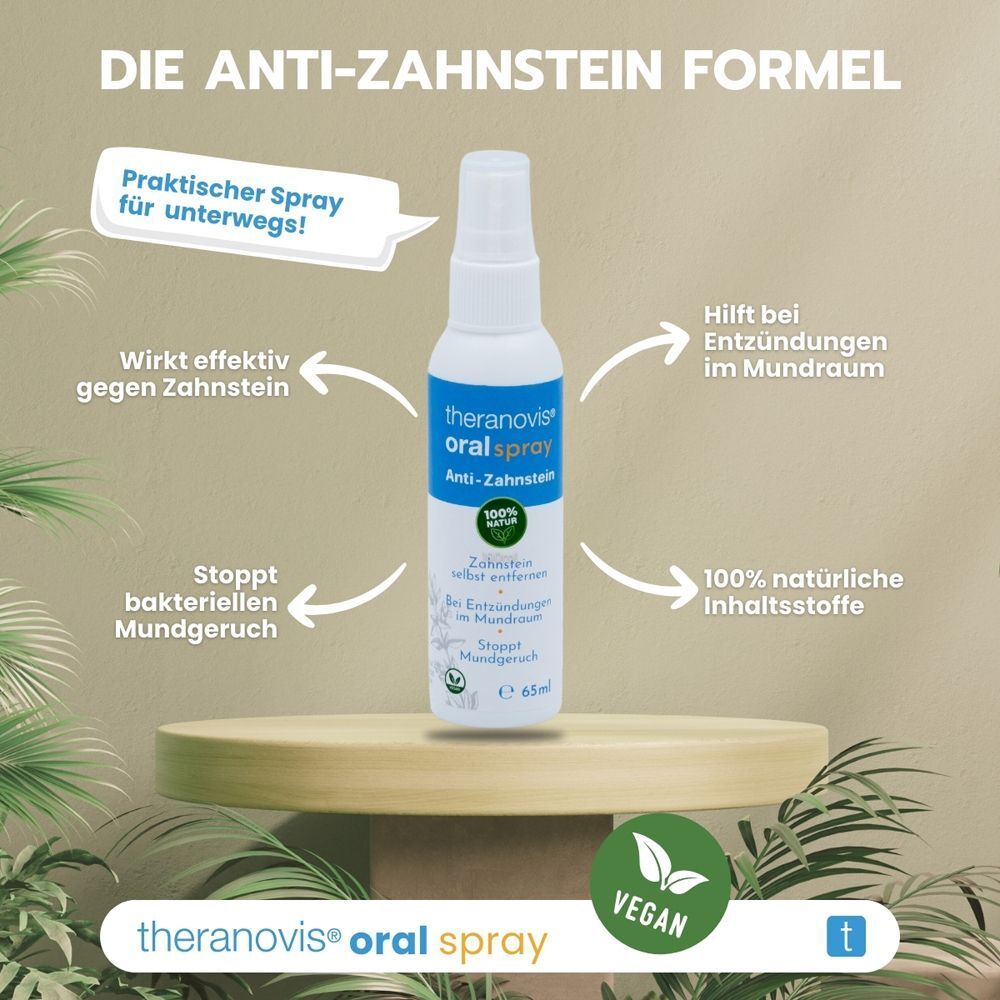 Nahaufnahme einer Theranovis® Oral Spray Flasche mit Fokus auf das Etikett und veganem Siegel.