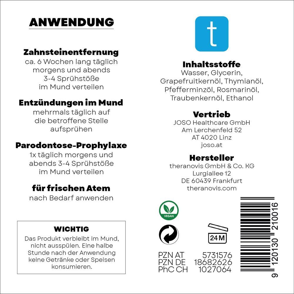 Rückseite einer Theranovis® Oral Spray Flasche mit detaillierten Anwendungshinweisen und Inhaltsstoffen.