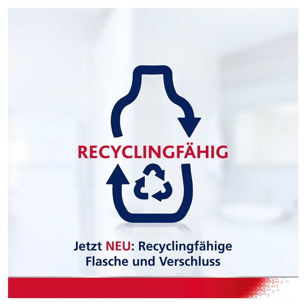 Symbol für Recyclingfähigkeit von Flasche und Verschluss.
