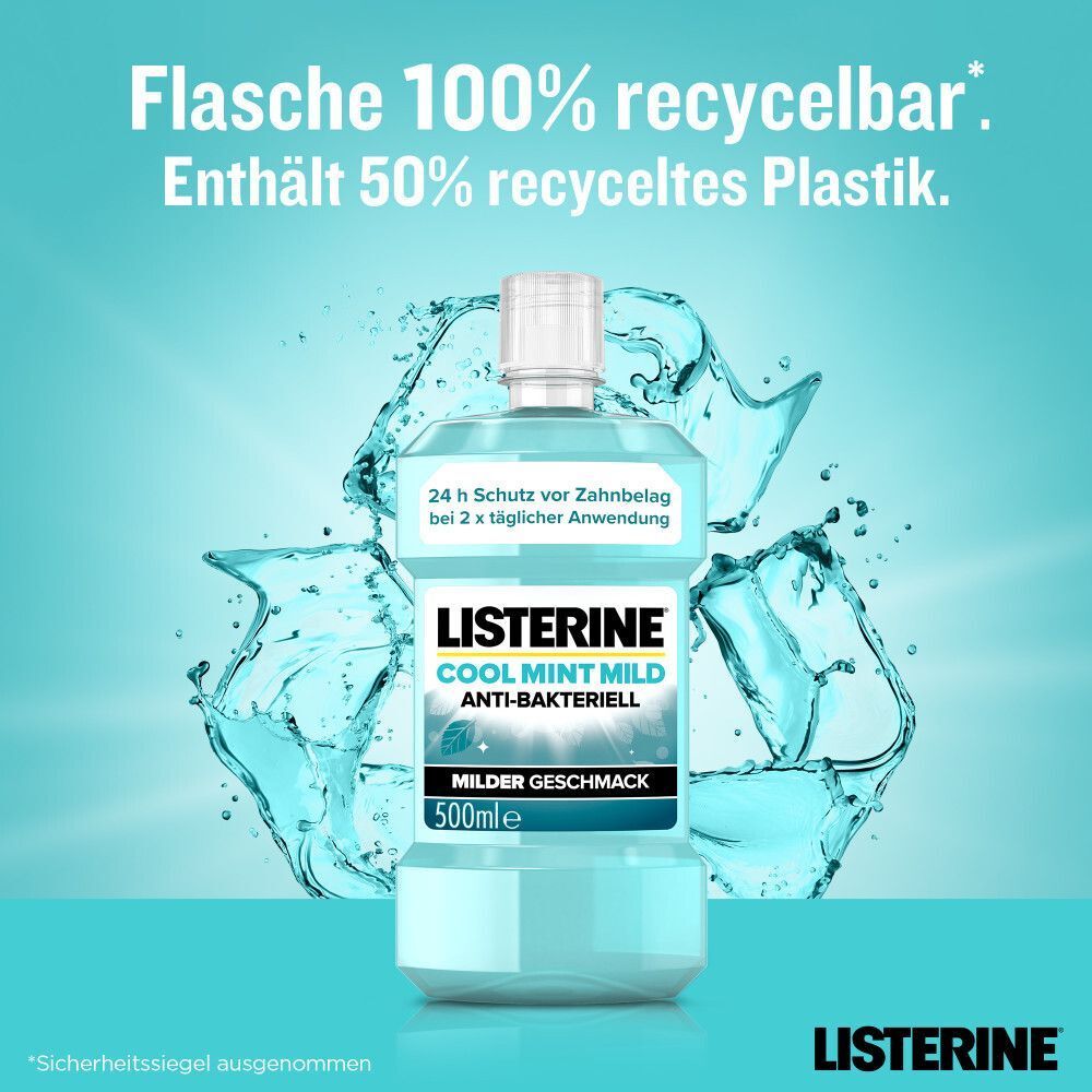 Flasche LISTERINE Cool Mint Mild Mundspülung, 500ml. Flasche 100% recycelbar.