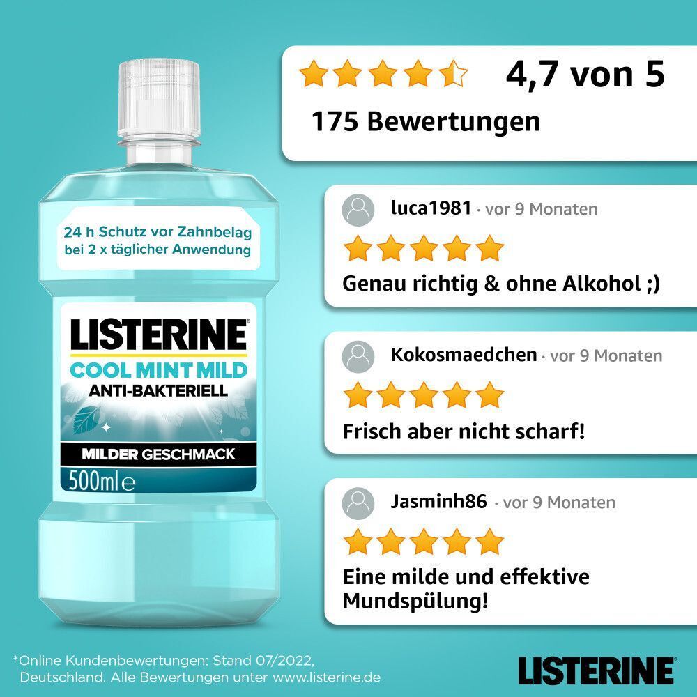 Flasche LISTERINE Cool Mint Mild Mundspülung, 500ml. 4,7 von 5 Sternen, 175 Bewertungen.