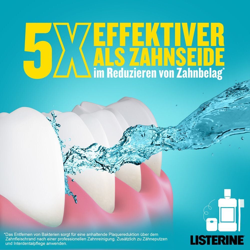 Grafik: Wasserstrahl reinigt Zähne. LISTERINE® 5x effektiver als Zahnseide.