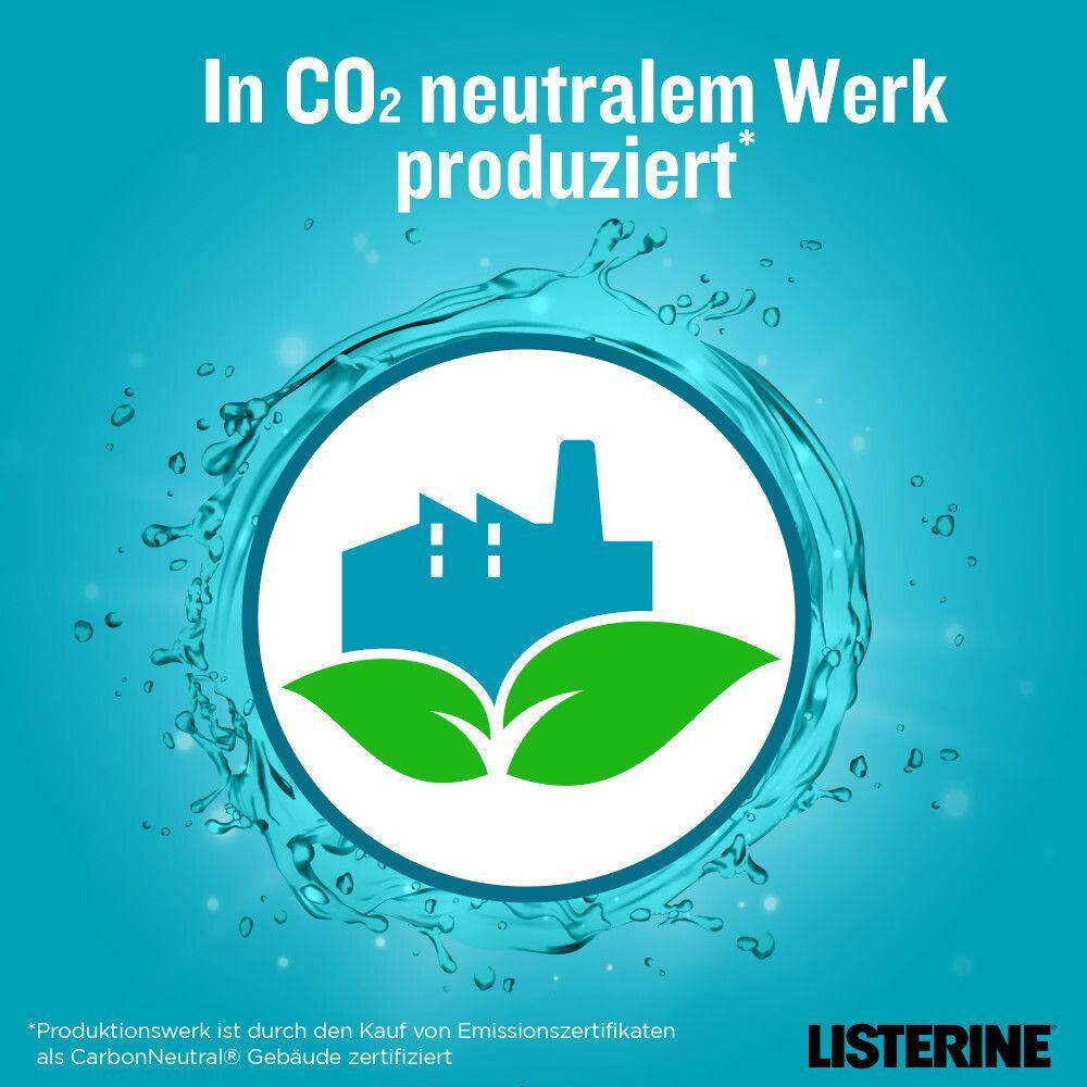 Symbol einer Fabrik mit Blättern. In CO2 neutralem Werk produziert.
