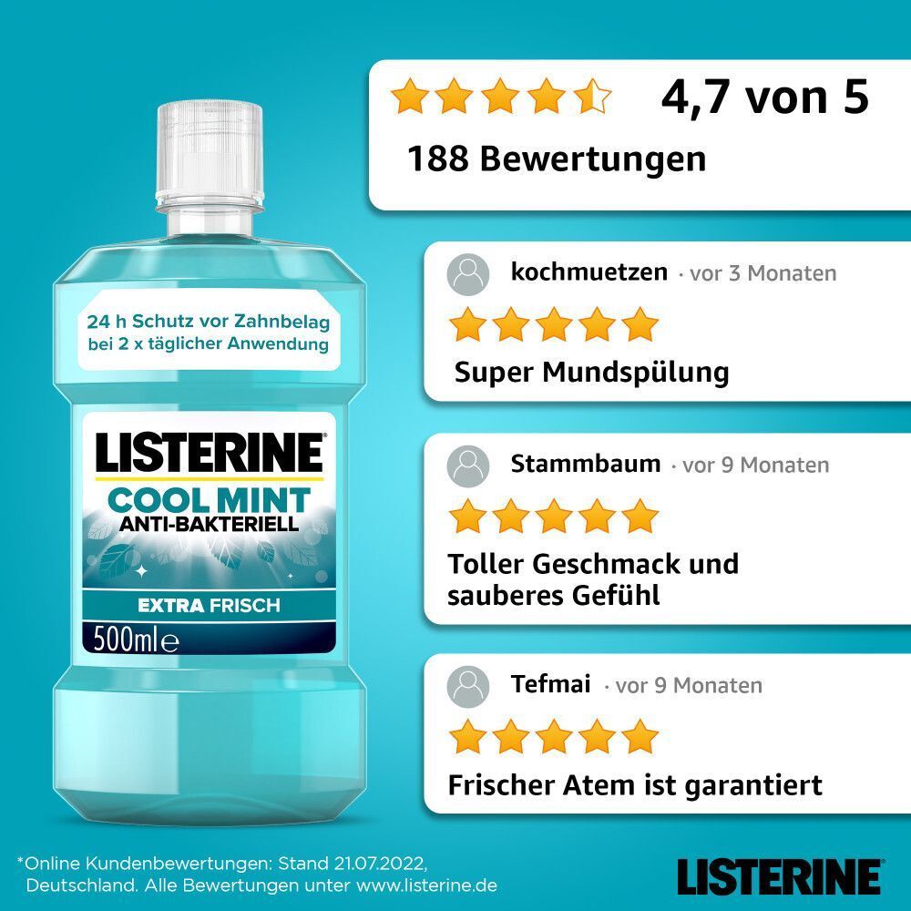 Flasche LISTERINE® Cool Mint Anti-Bakteriell Extra Frisch (500ml) neben Kundenbewertungen (4,7/5).