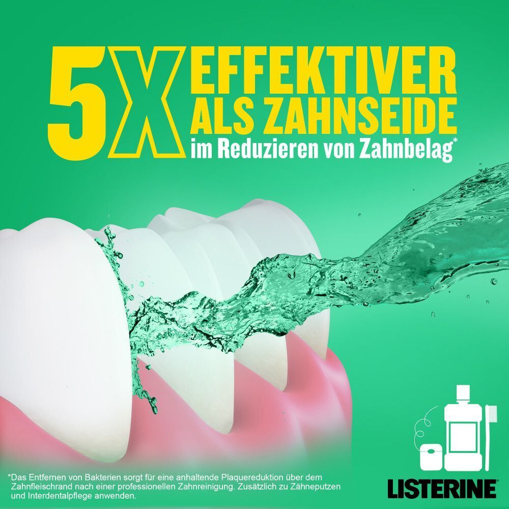 LISTERINE® Fresh Mint Mundspülung: 5x effektiver als Zahnseide bei der Reduzierung von Zahnbelag.