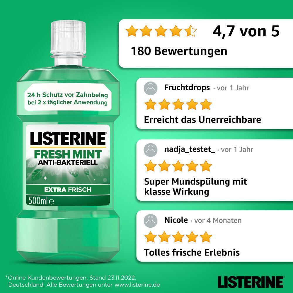 LISTERINE® Fresh Mint Mundspülung (500ml) mit Kundenbewertungen: 4,7 von 5 Sternen aus 180 Bewertungen.