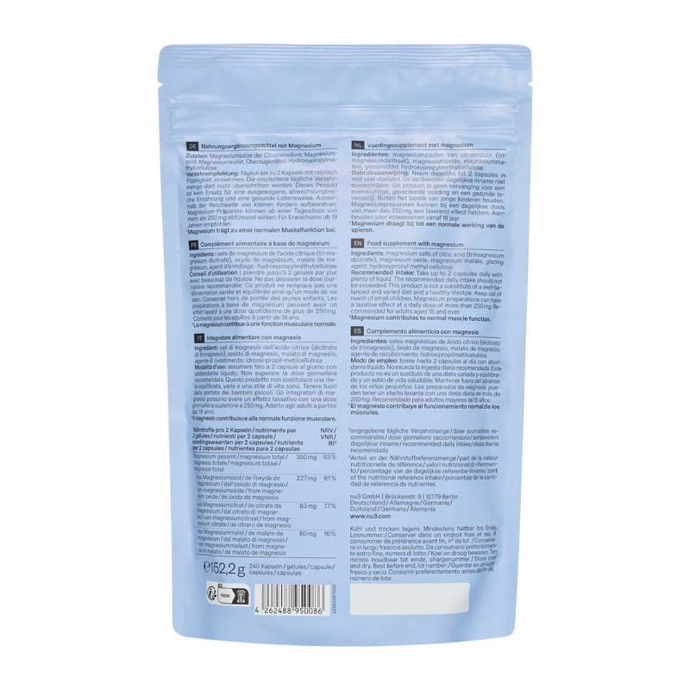 Dos du sachet bleu clair avec texte multilingue. Contient des informations sur les ingrédients et les valeurs nutritionnelles. Code EAN et coordonnées du fabricant.
