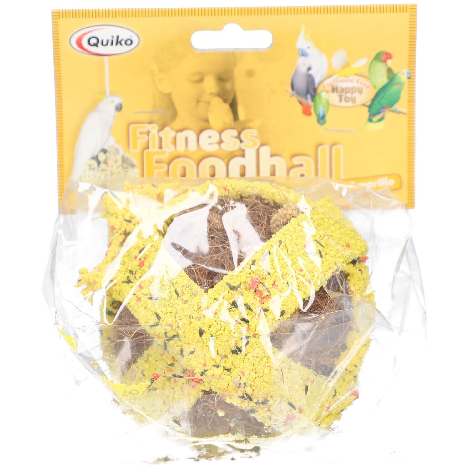 Gelb-brauner Fitness Foodball in Folienverpackung. Mit Quiko-Logo. Aufhängung. Gelbe, körnige Oberfläche.