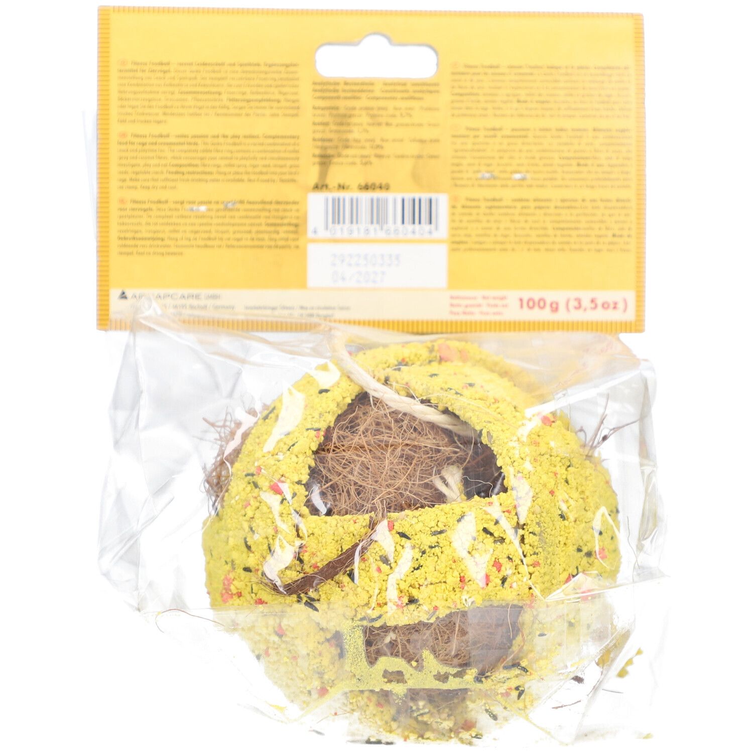 Rückseite des Fitness Foodball. Gelb-braune Kugel in Folienverpackung. Text und Barcode auf gelbem Hintergrund.