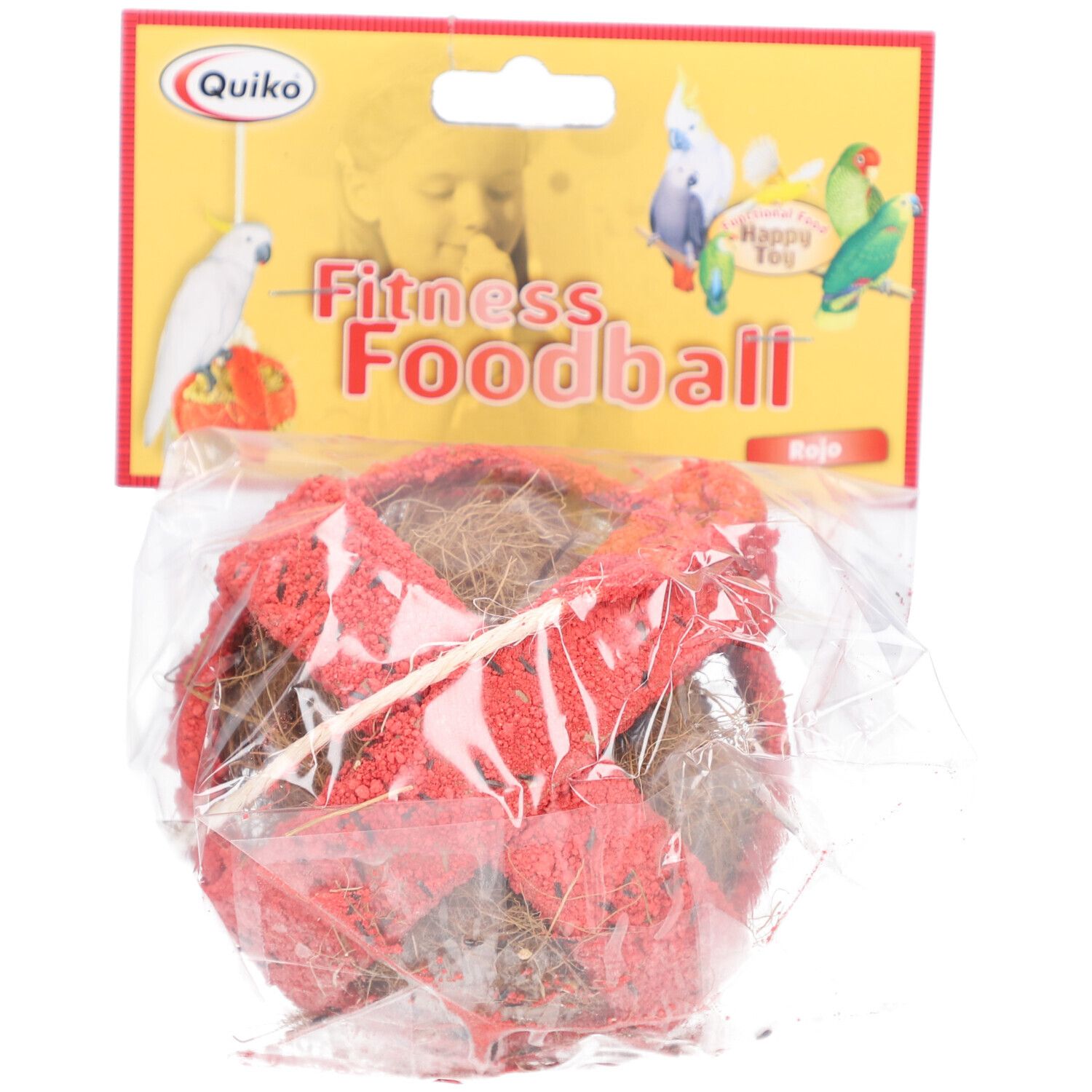 Rotes Fitness Foodball in Plastikverpackung. Produktname und Logo auf gelbem Karton. Für Vögel.