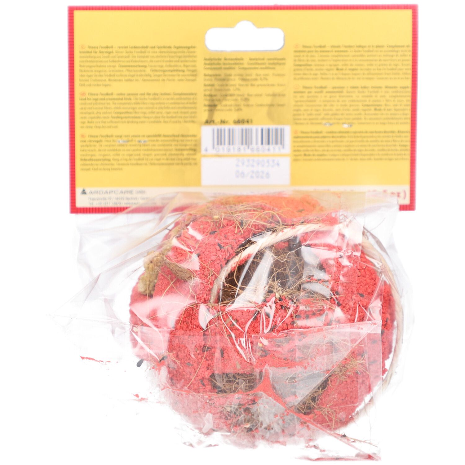 Rückseite des Fitness Foodball. Produktinformationen auf gelbem Karton. Verpackt in Plastik.