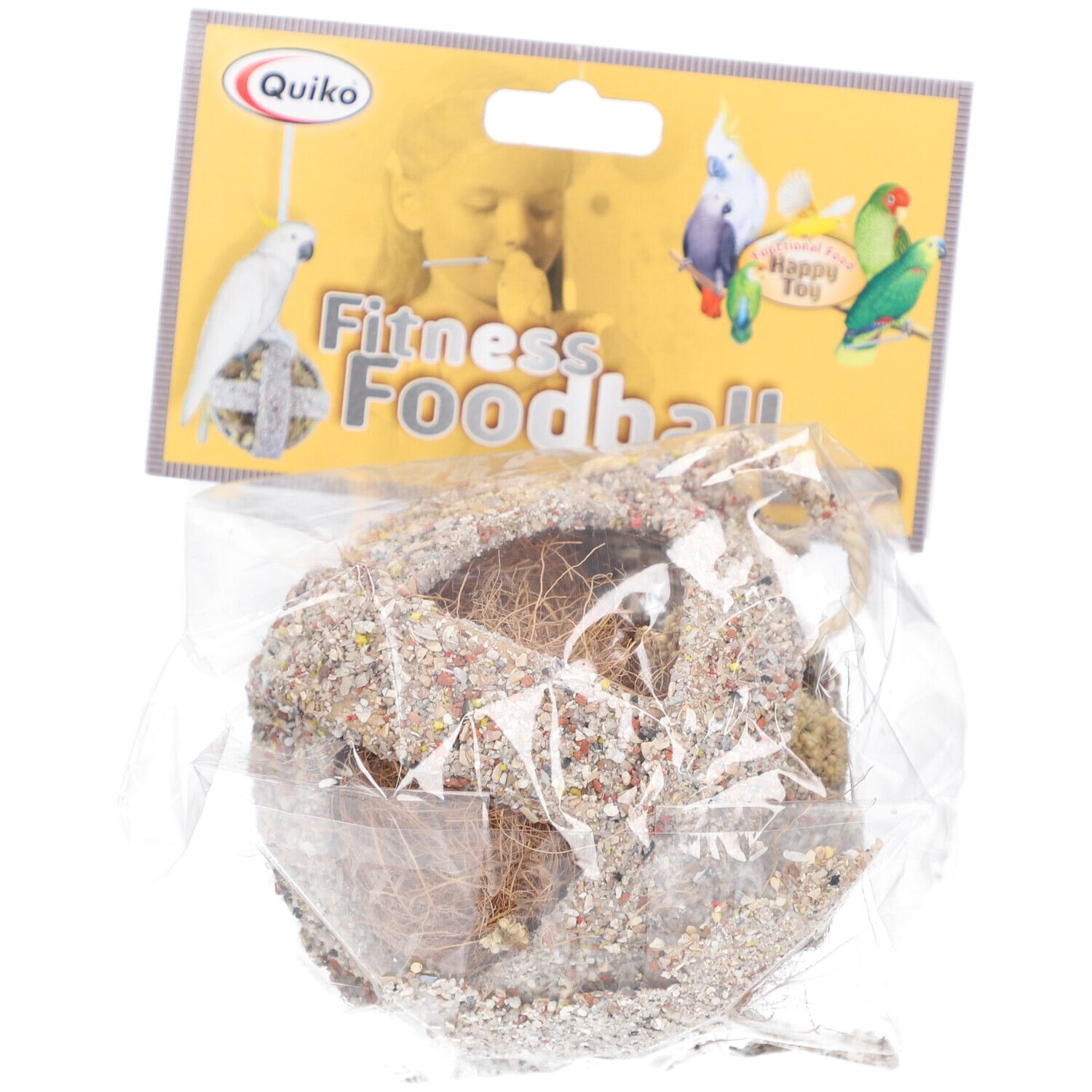 Quiko Fitness Foodball Grit. Vogelfutterball in transparenter Verpackung. Gelbe Karte mit Produktname und Logo.