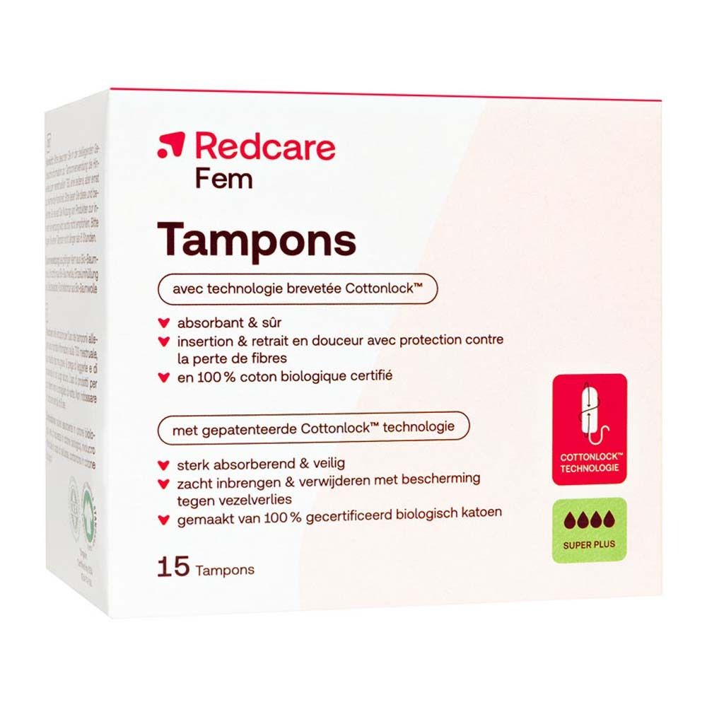 Verpackung von Redcare Fem Tampons. Enthält 15 Tampons. Mit Cottonlock Technologie und Super Plus Saugstärke.