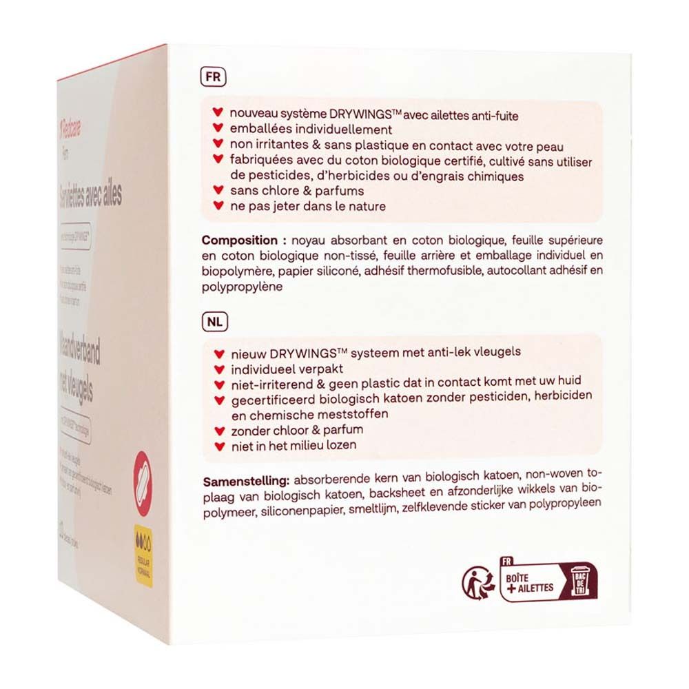 Rückseite der Verpackung von Redcare Fem Servietten. Text in Französisch und Niederländisch. Inhaltsstoffe und Zertifizierungen.