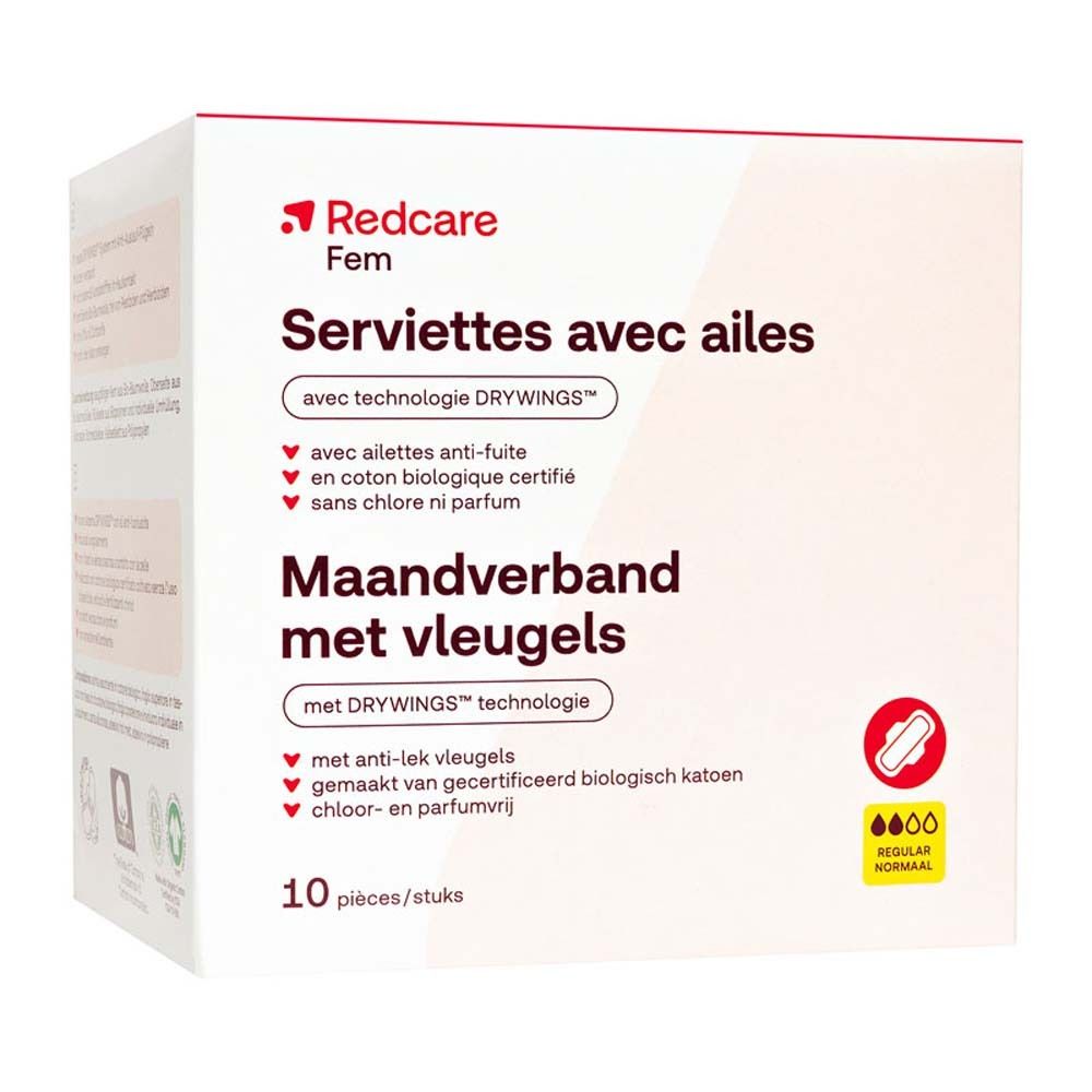Verpackung von Redcare Fem Binden mit Flügeln. Produktname, Logo, und Produktmerkmale sind sichtbar.