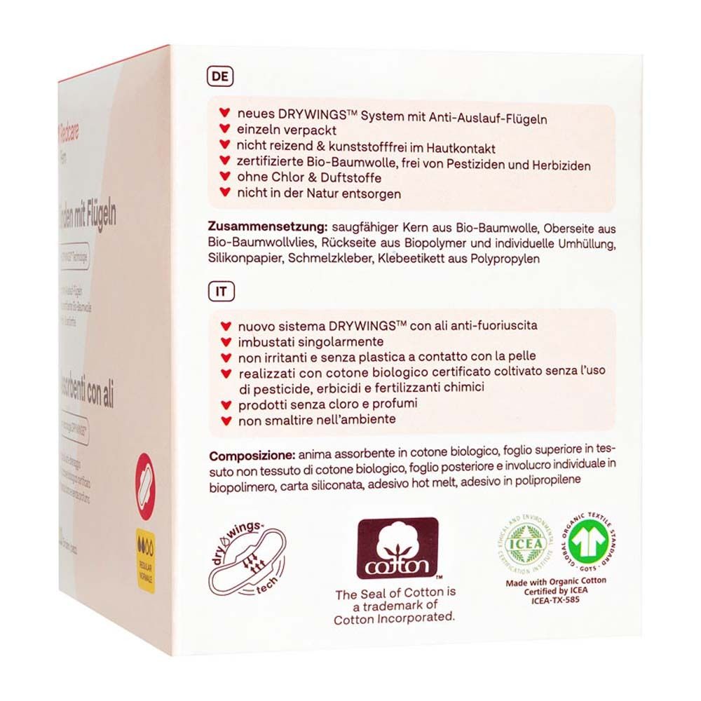 Rückseite der Verpackung von Redcare Fem Binden mit Flügeln. Text in Deutsch und Italienisch.