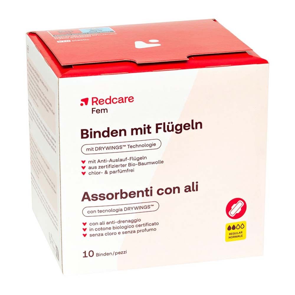 Verpackung von Redcare Fem Binden mit Flügeln. Produktname, Logo und Produktmerkmale sind sichtbar.
