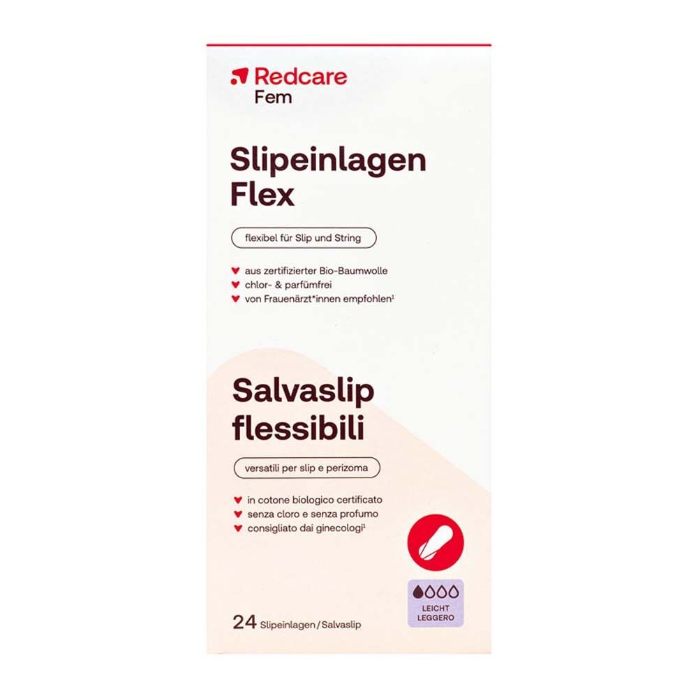 Packung Redcare Slipeinlagen Flex. Produktname, Flex-Hinweis und 24 Stück. Zertifizierte Bio-Baumwolle, chlor- und parfümfrei.