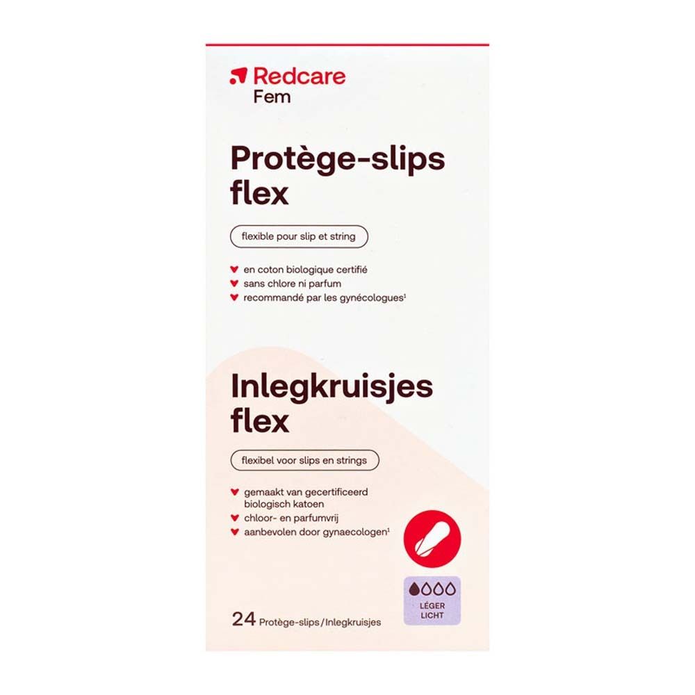 Packung Redcare Slipeinlagen Flex. Produktname, Flex-Hinweis und 24 Stück. Zertifizierte Bio-Baumwolle, chlor- und parfümfrei.