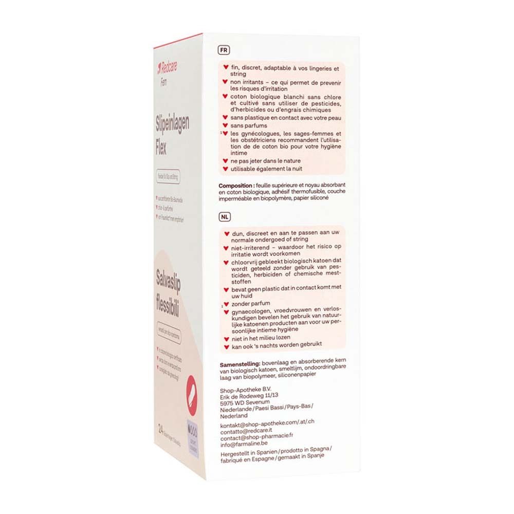 Rückseite der Verpackung von Redcare Slipeinlagen Flex. Produktinformationen in Deutsch, Italienisch, Niederländisch und Französisch.