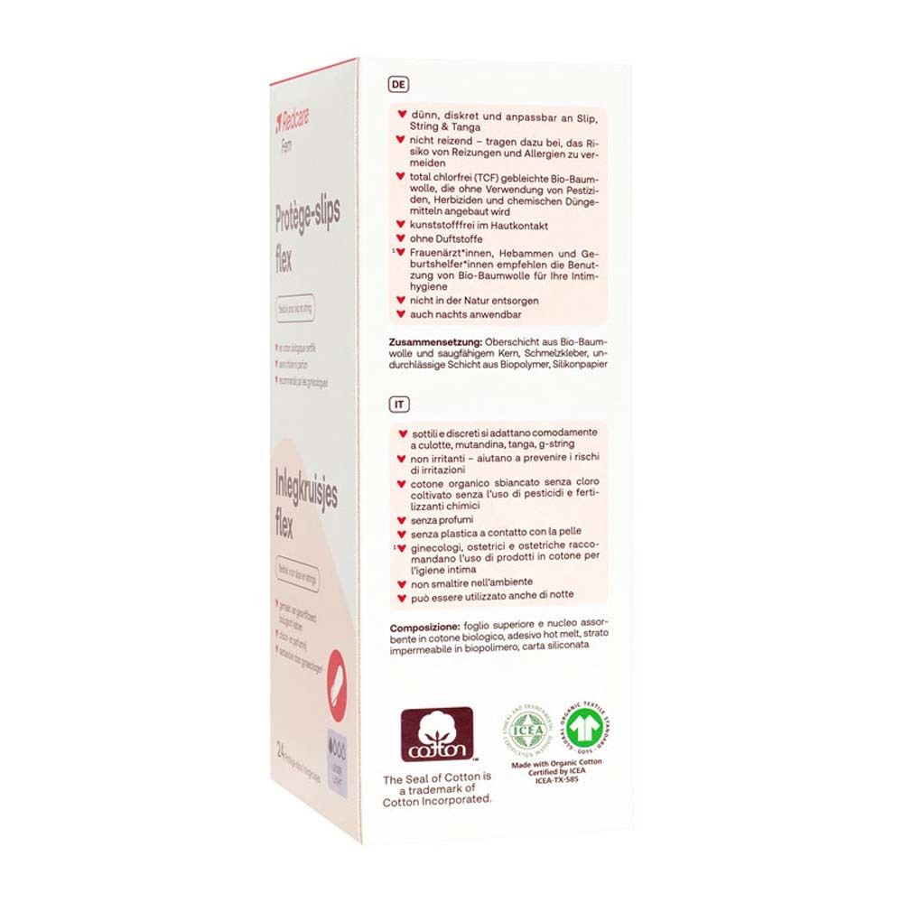 Rückseite der Verpackung von Redcare Slipeinlagen Flex. Produktinformationen in Deutsch, Italienisch, Niederländisch und Französisch.