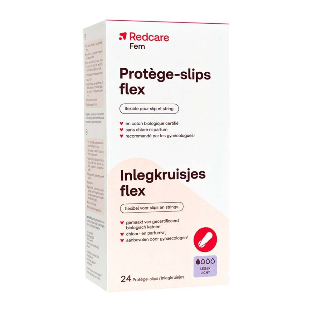 Packung Redcare Slipeinlagen Flex. Produktname, Flex-Hinweis und 24 Stück. Zertifizierte Bio-Baumwolle, chlor- und parfümfrei.