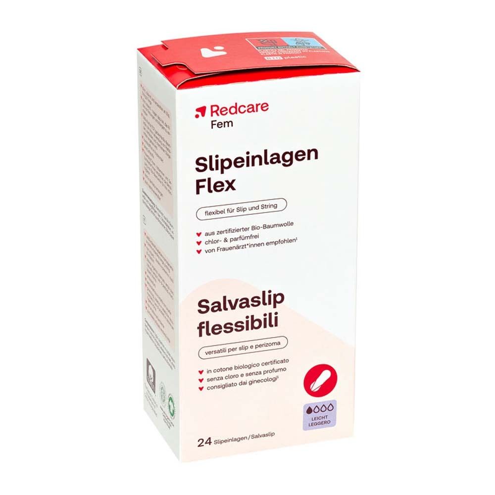 Packung Redcare Slipeinlagen Flex. Produktname, Flex-Hinweis und 24 Stück. Zertifizierte Bio-Baumwolle, chlor- und parfümfrei.