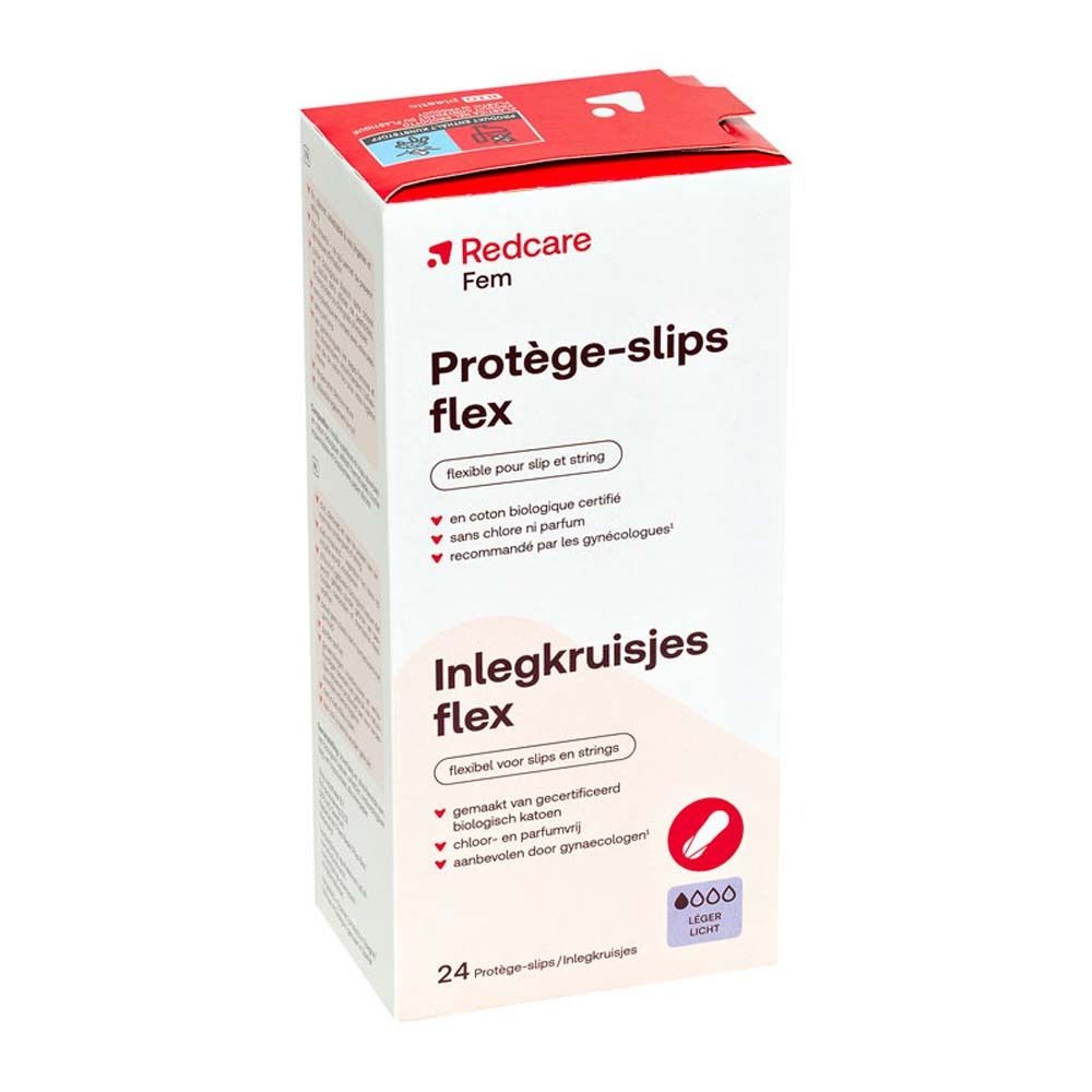 Packung Redcare Slipeinlagen Flex. Produktname, Flex-Hinweis und 24 Stück. Zertifizierte Bio-Baumwolle, chlor- und parfümfrei.