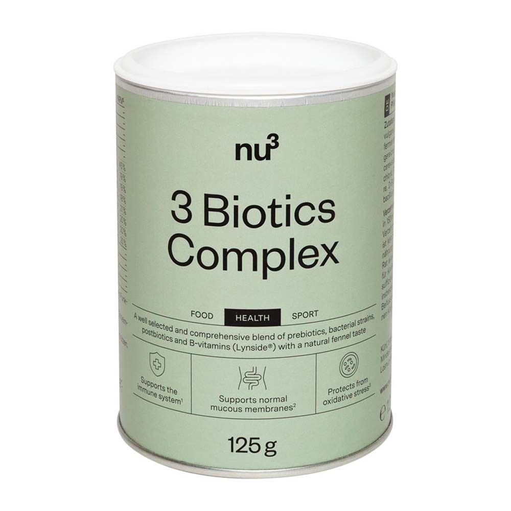 Zylindrische Dose mit Deckel. Aufschrift: nu3, 3 Biotics Complex, 125g. Enthält Prä-, Pro- und Postbiotika, B-Vitamine.