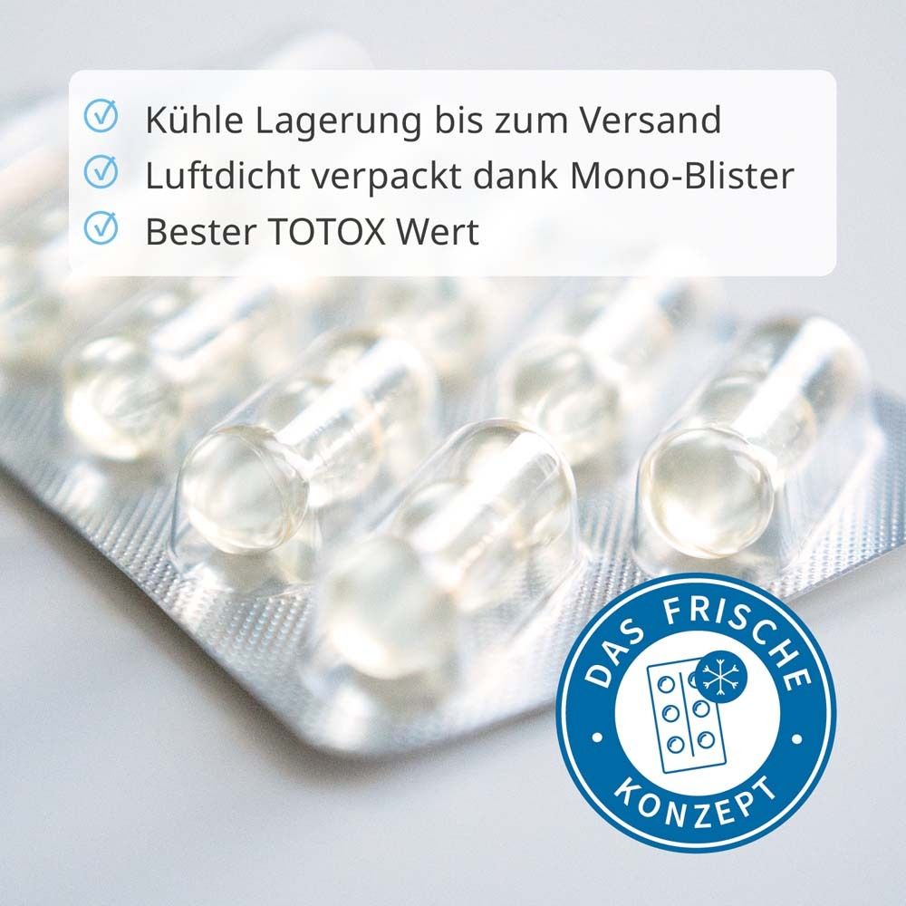 Blisterpackung mit Kapseln. Text: Kühle Lagerung, luftdicht verpackt, bester TOTOX-Wert. Frische-Konzept.