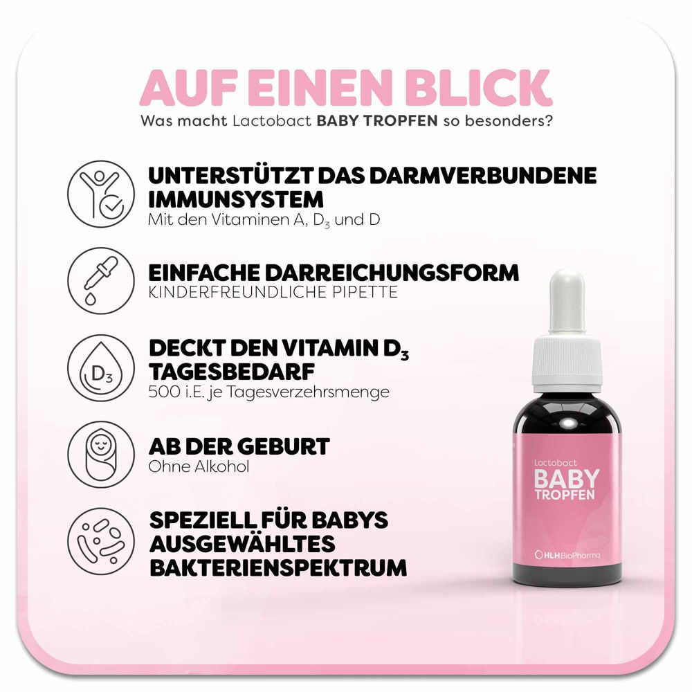 Produktflasche und Verpackung. Lactobact BABY TROPFEN. Unterstützt Immunsystem. Einfache Darreichungsform. Ab Geburt. Ohne Alkohol.