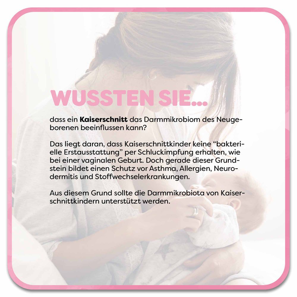 Rosa Hintergrund mit Text. Kaiserschnitt kann Darmmikrobiom beeinflussen. Unterstützung der Darmmikrobiota von Kaiserschnittkindern empfohlen.