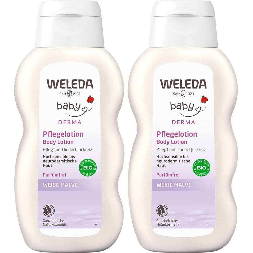 Weleda Baby Pflegelotion Weiße Malve - für hochsensible Haut. Lindert Juckreiz, spendet Feuchtigkeit