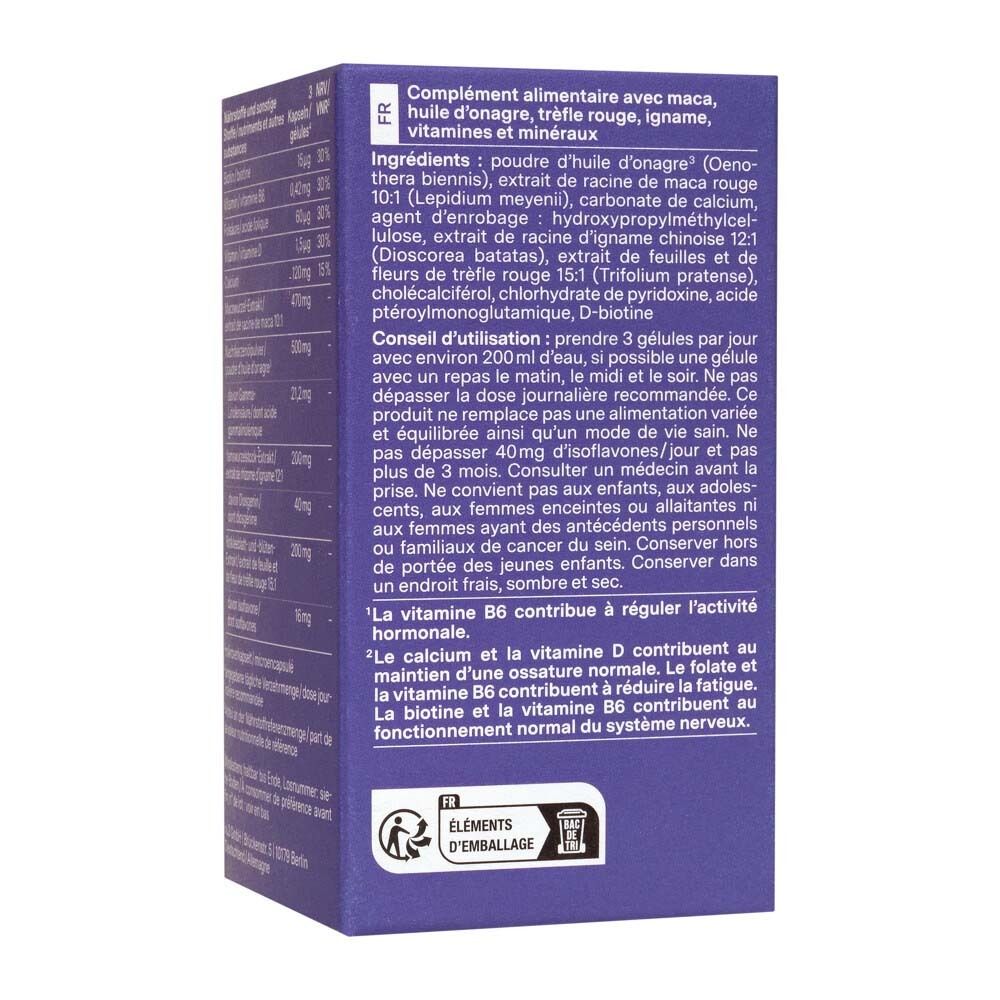 Rückseite der Schachtel mit Inhaltsstoffen und Anwendungshinweisen in Französisch. Marke: nu3 Meno Balance.