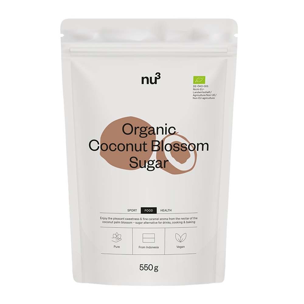 Weiße Verpackung mit Aufdruck. Text: Organic Coconut Blossom Sugar. Logo: nu3. Siegel: Bio-Siegel. Inhalt: 550g.