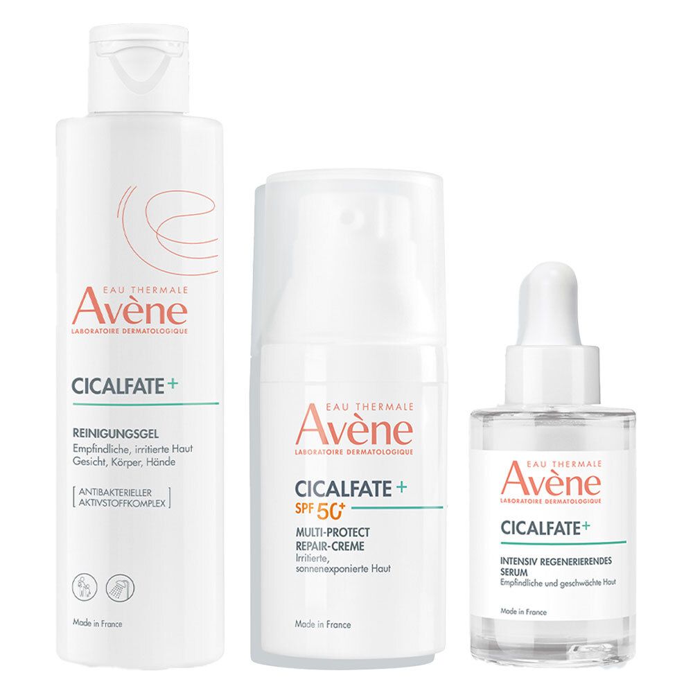 Drei weiße Flaschen und Tiegel. Aufschrift: Avène, Cicalfate+. Produkte: Reinigungsgel, Multi-Protect Repair-Creme SPF 50+, Intensiv Regenerierendes Serum.