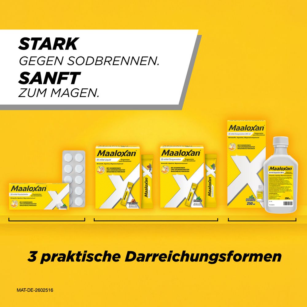 Verschiedene Maaloxan Darreichungsformen: Packungen, Beutel und Flasche.