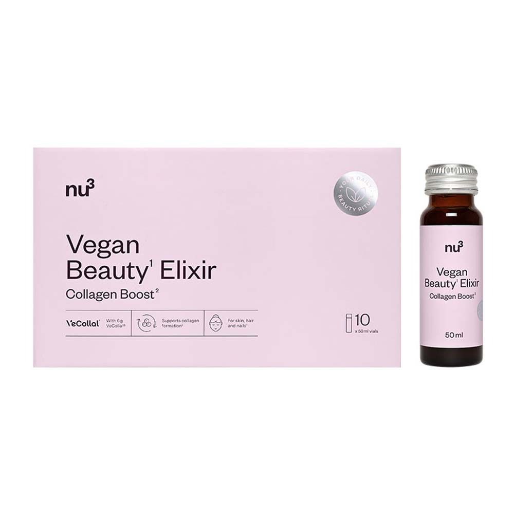 Rosa Schachtel und Flasche mit Produktaufschrift. Enthält 10 Fläschchen. Aufschrift: Vegan Beauty Elixir Collagen Boost.