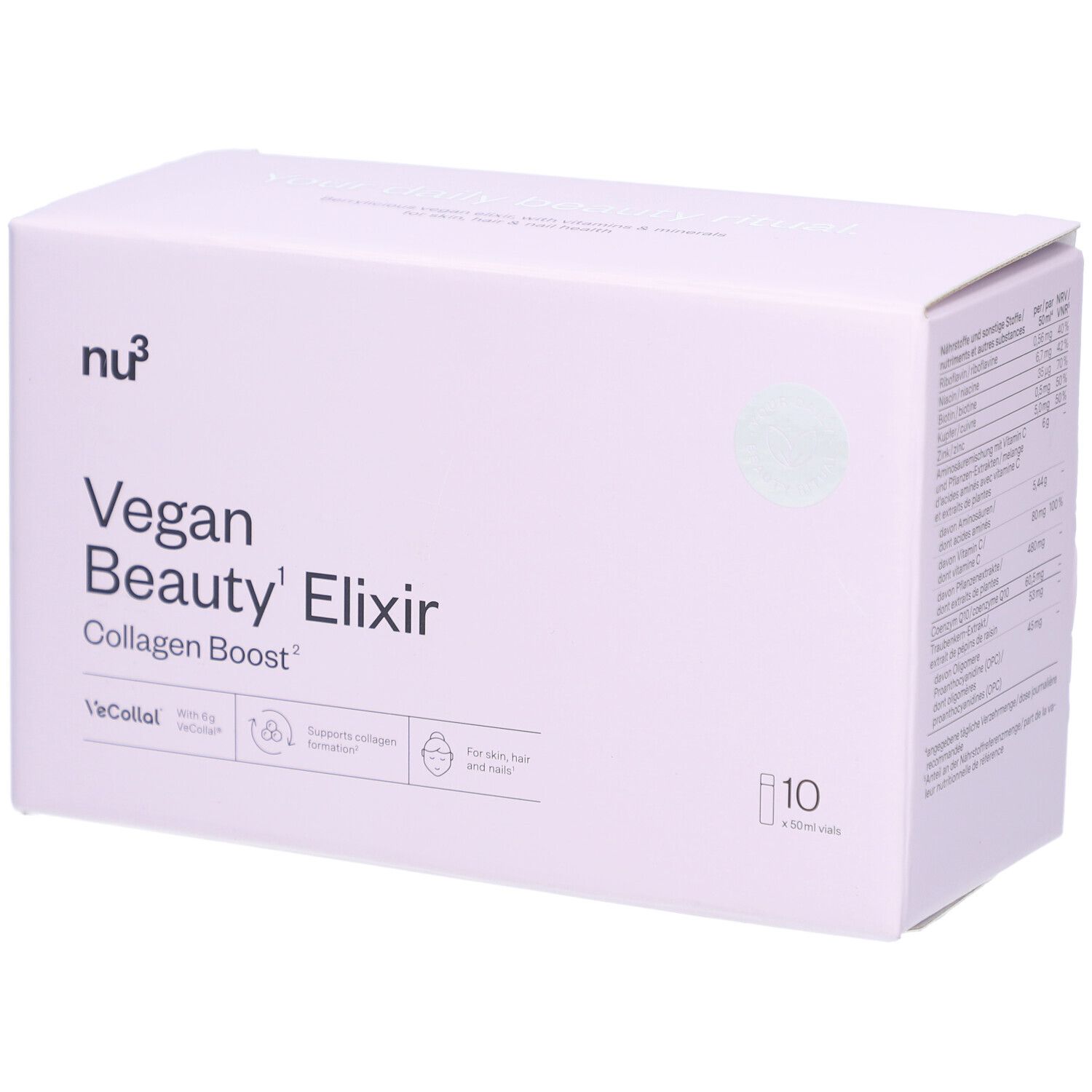 Rosa Schachtel mit Produktaufschrift. Enthält 10 Fläschchen. Aufschrift: Vegan Beauty Elixir Collagen Boost.