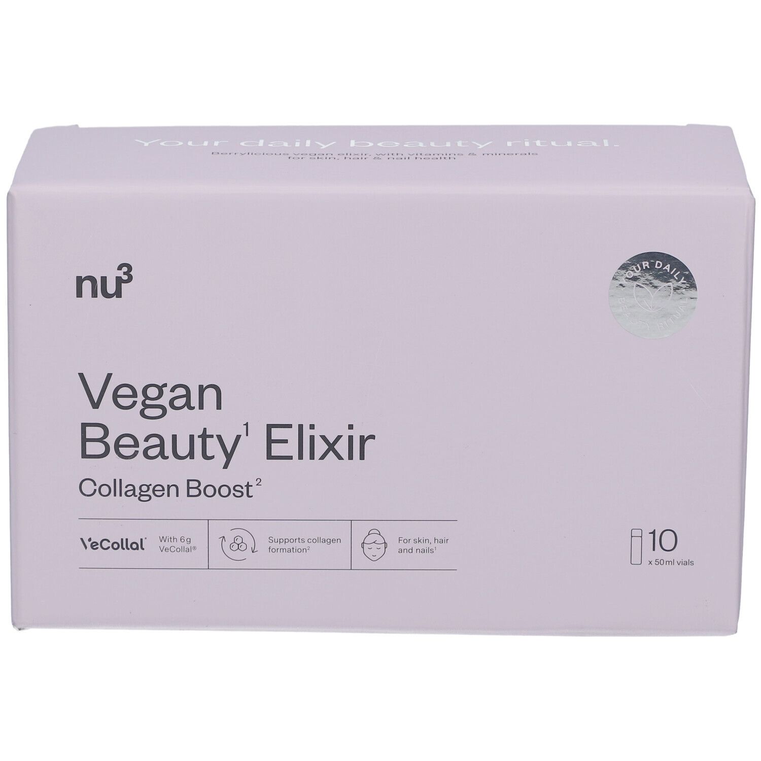 Rosa Schachtel mit Produktaufschrift. Enthält 10 Fläschchen. Aufschrift: Vegan Beauty Elixir Collagen Boost.