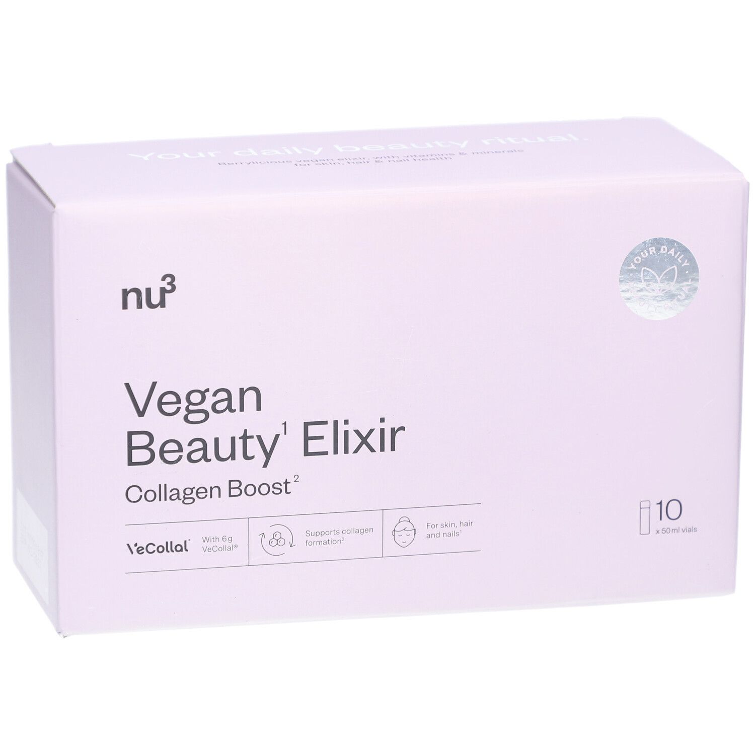 Rosa Schachtel mit Produktaufschrift. Enthält 10 Fläschchen. Aufschrift: Vegan Beauty Elixir Collagen Boost.