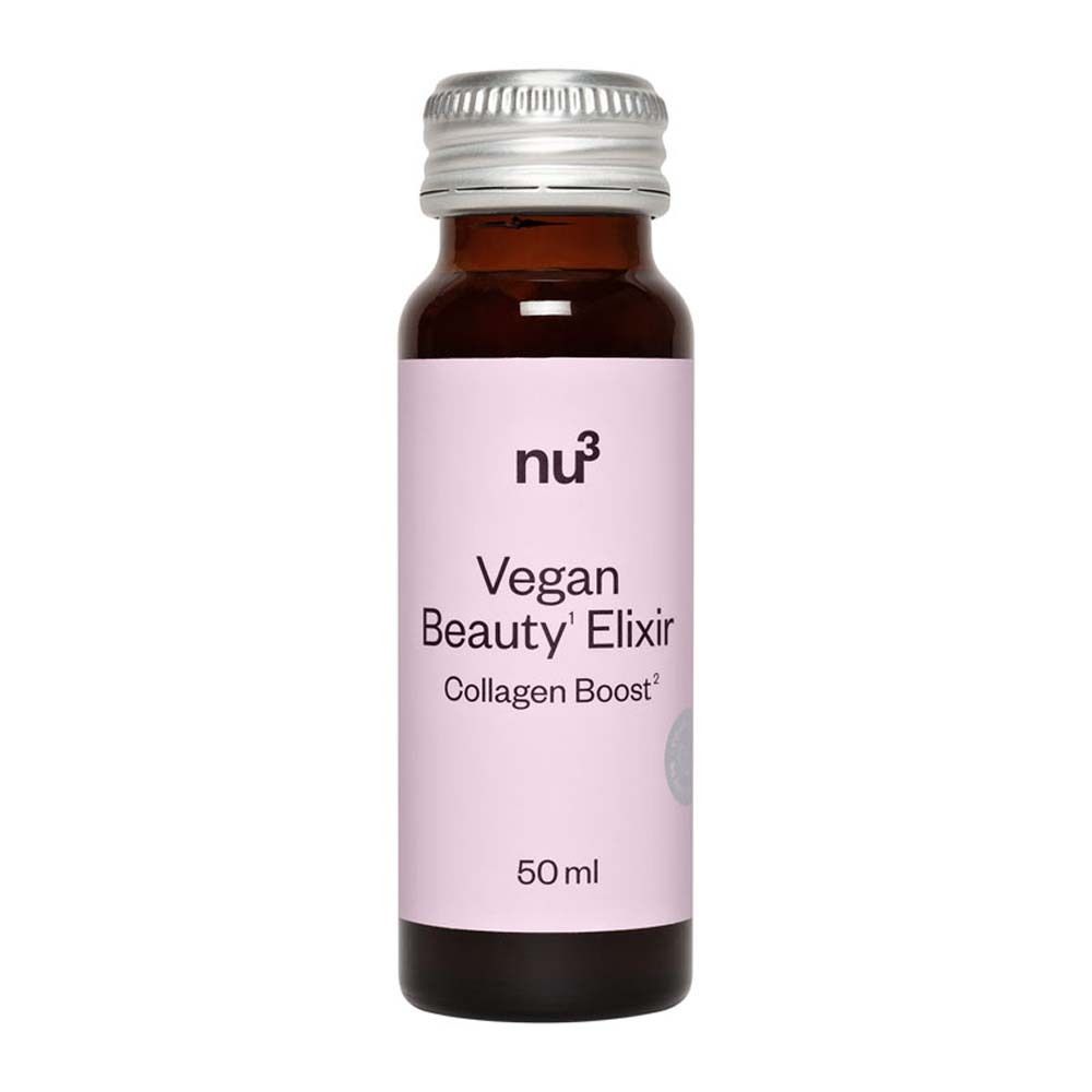 Braune Flasche mit silbernem Deckel. Aufschrift: Vegan Beauty Elixir Collagen Boost. 50 ml.