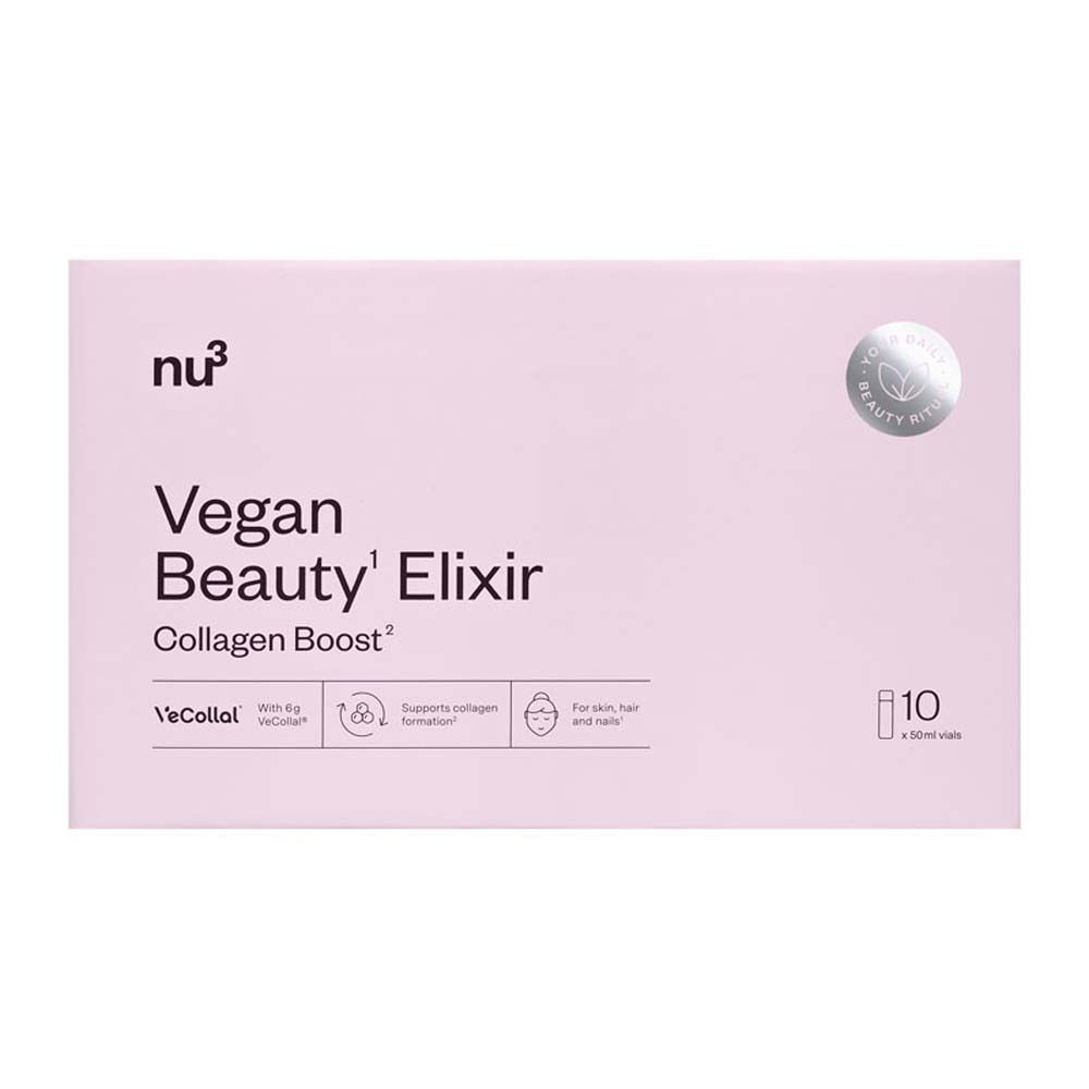 Rosa Schachtel mit Produktaufschrift. Enthält 10 Fläschchen. Aufschrift: Vegan Beauty Elixir Collagen Boost.