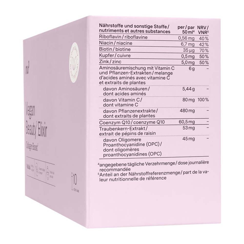 Rückseite der rosa Schachtel. Enthält Nährwertangaben und Inhaltsstoffe. Aufschrift: Vegan Beauty Elixir Collagen Boost.