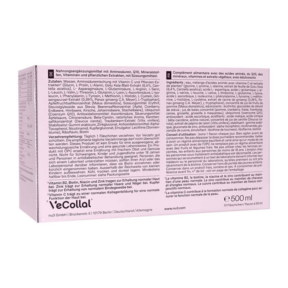 Rückseite der rosa Schachtel. Enthält Inhaltsstoffe und Anwendungshinweise. Aufschrift: Vegan Beauty Elixir Collagen Boost.