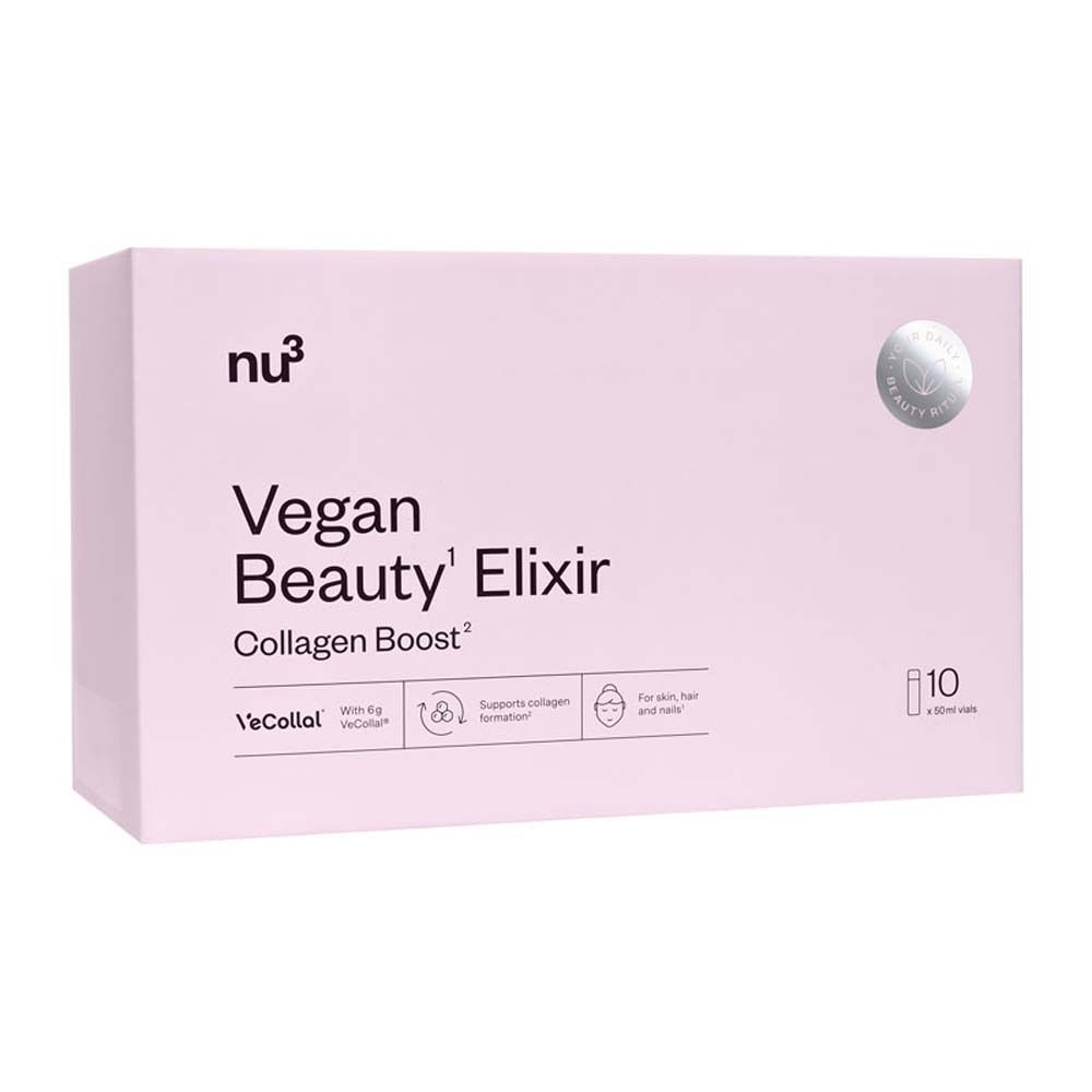 Rosa Schachtel mit Produktaufschrift. Enthält 10 Fläschchen. Aufschrift: Vegan Beauty Elixir Collagen Boost.