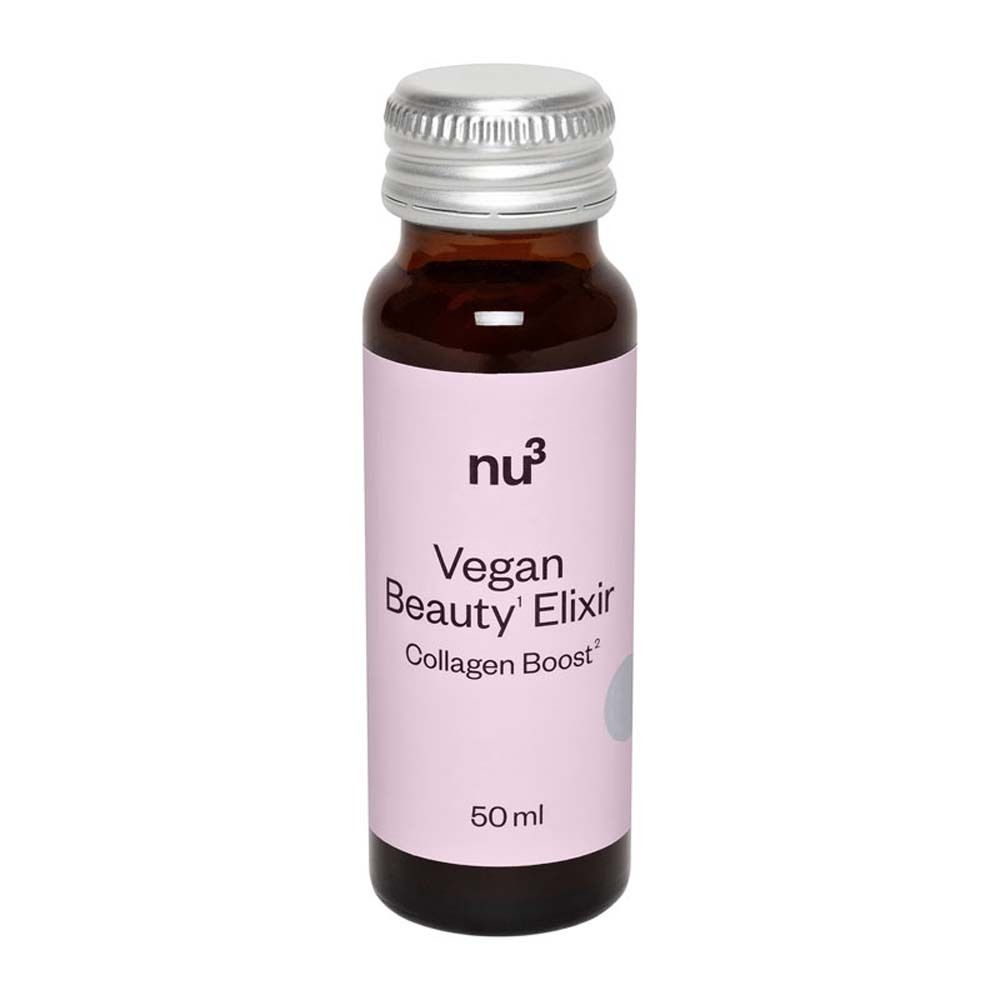Braune Flasche mit silbernem Deckel. Aufschrift: Vegan Beauty Elixir Collagen Boost. 50 ml.