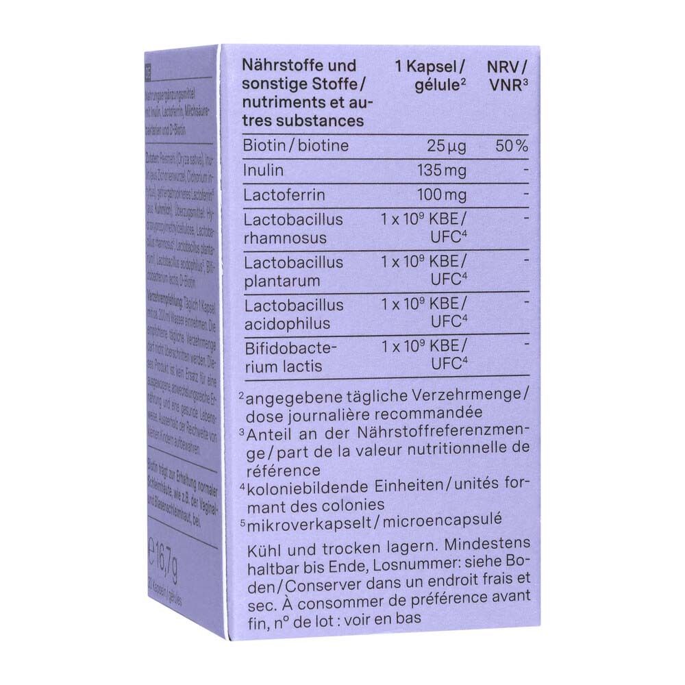 Seitenansicht einer Schachtel nu3 Probiolact Female mit detaillierten Nährwertangaben.